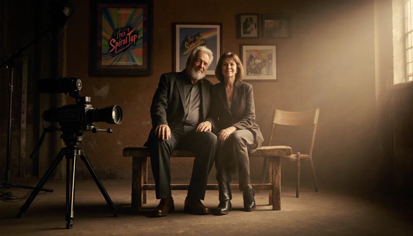 Rob Reiner and Michele Reiner sit together on a wooden bench with golden lighting in a film set and a nearby director's chair