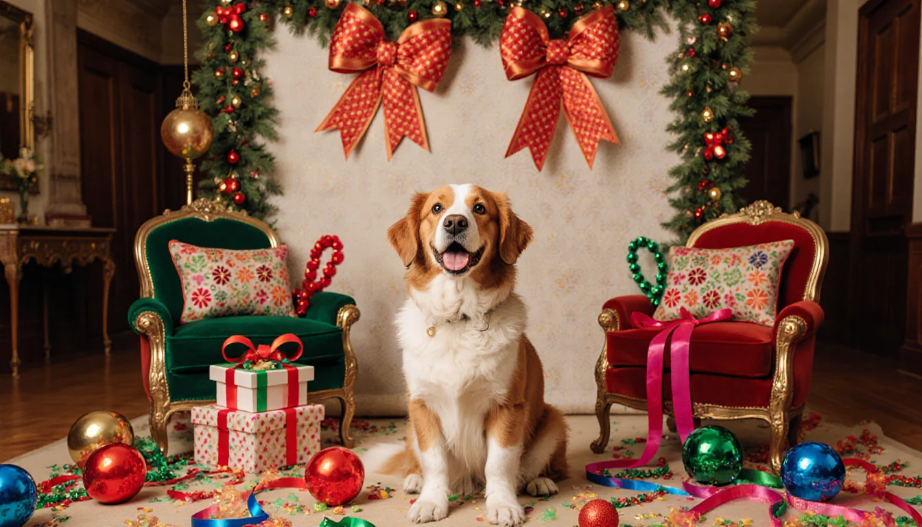 Ruffles wagging tail with warm glow in festive museum interior with colorful props
