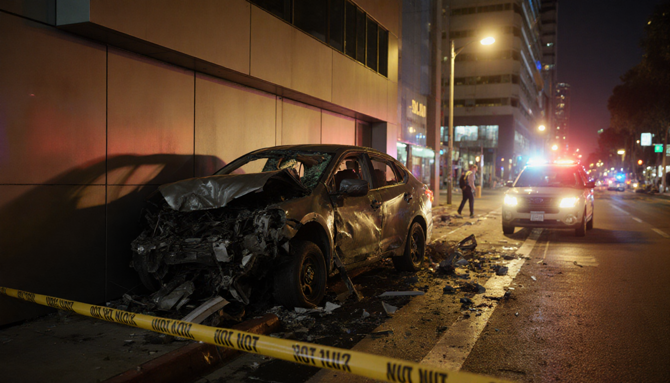 Mangled car lies against modern building with yellow police tape and emergency lights illuminating the nighttime scene.