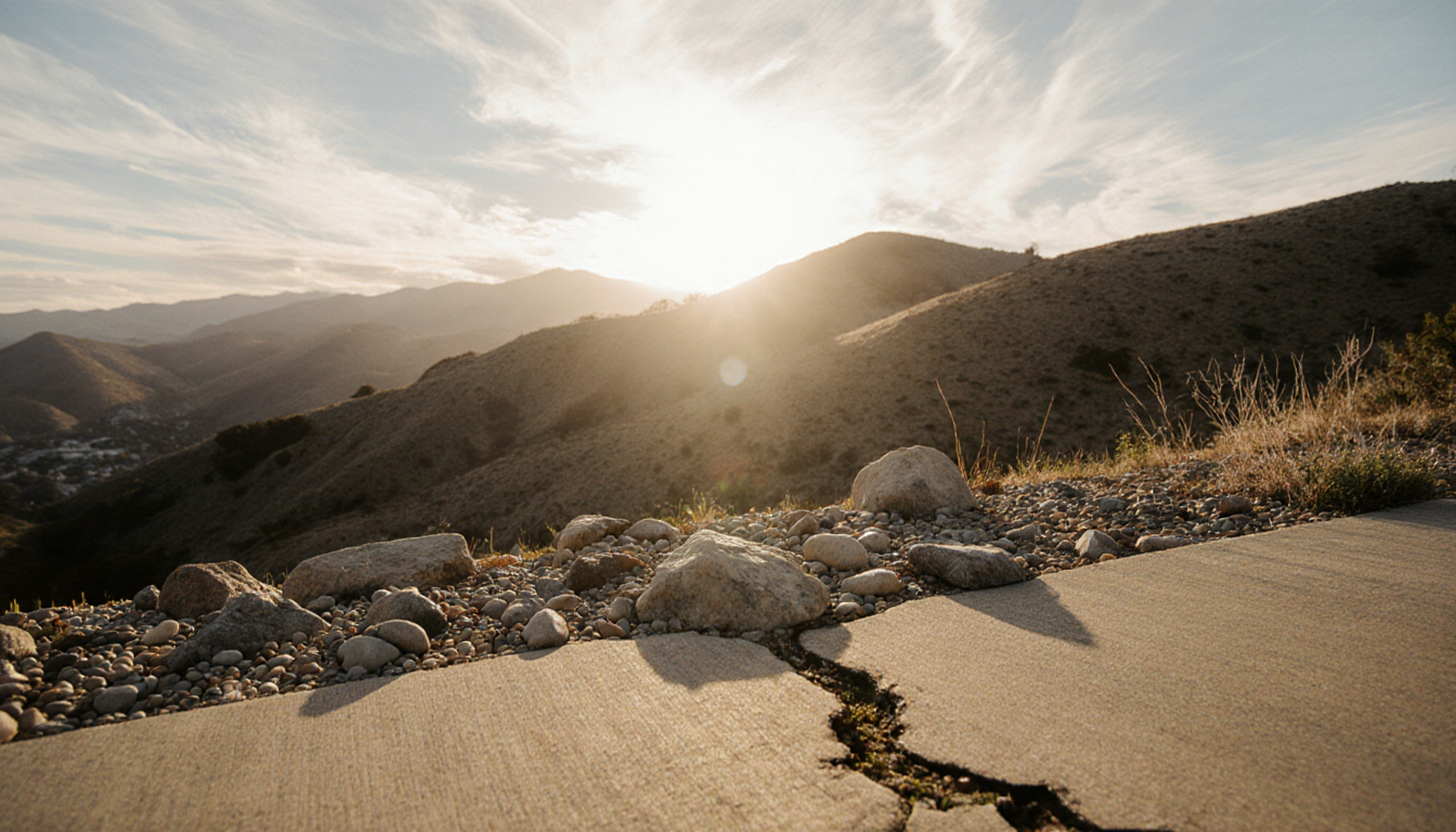 Sun rising over a Ventura County hillside with rocks shaken by seismic activity and a cracked sidewalk foreground
