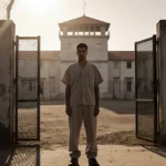 Solitary figure standing before a weathered concrete prison fence with an open chain‑link gate and CECOT prison behind.