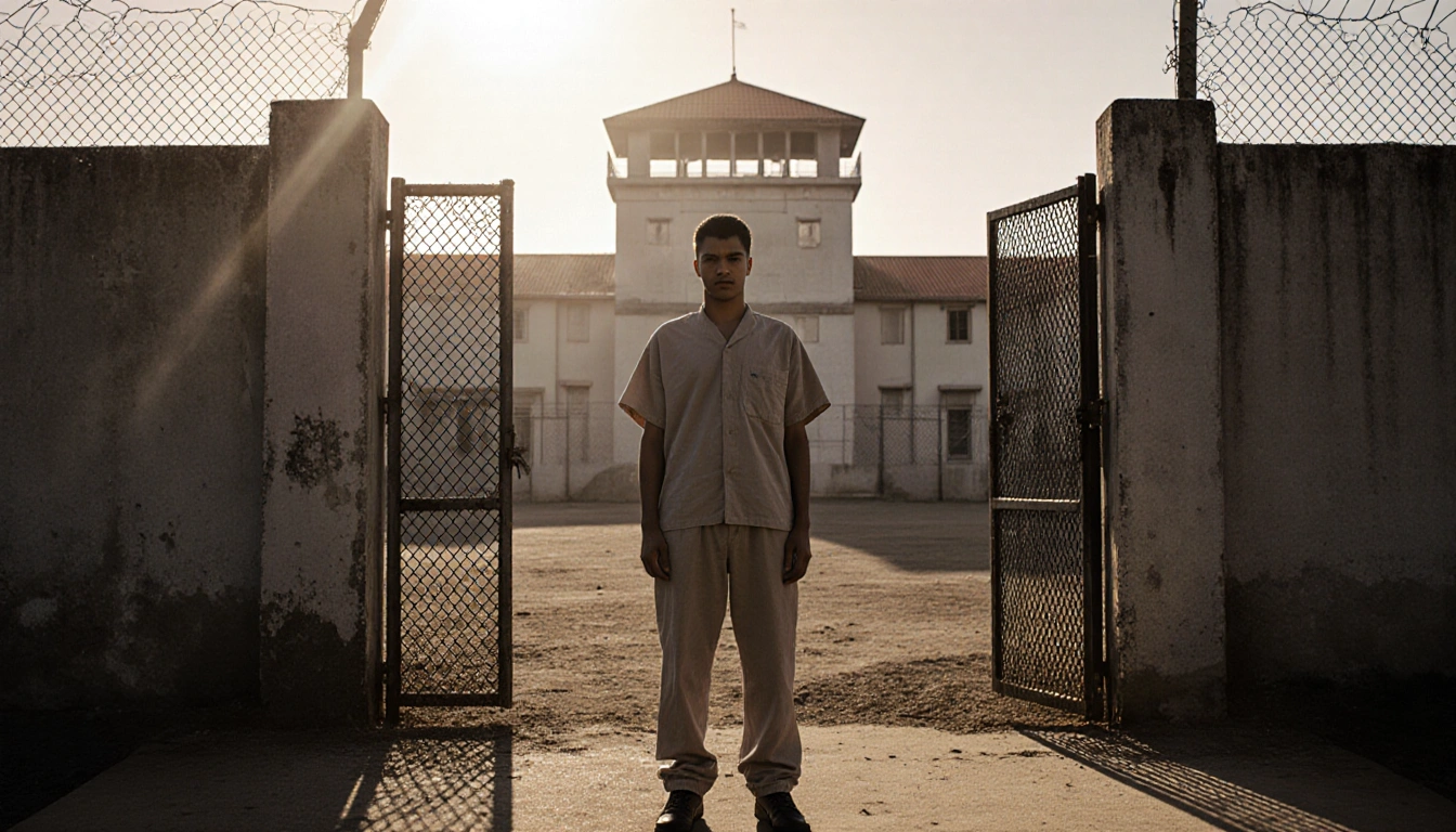 Solitary figure standing before a weathered concrete prison fence with an open chain‑link gate and CECOT prison behind.