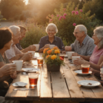 People holding cups with smiles and laughter under golden evening light in a community gathering