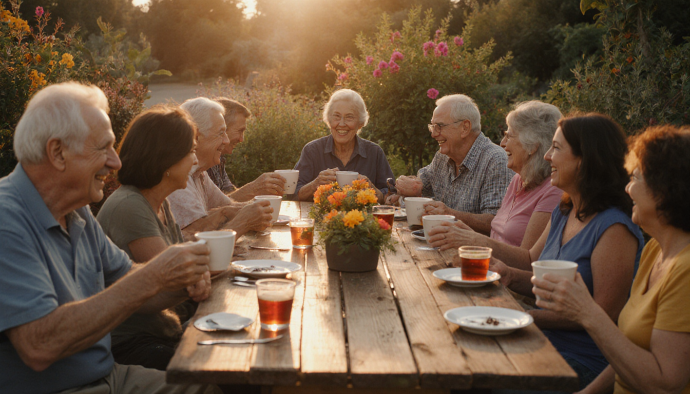 People holding cups with smiles and laughter under golden evening light in a community gathering