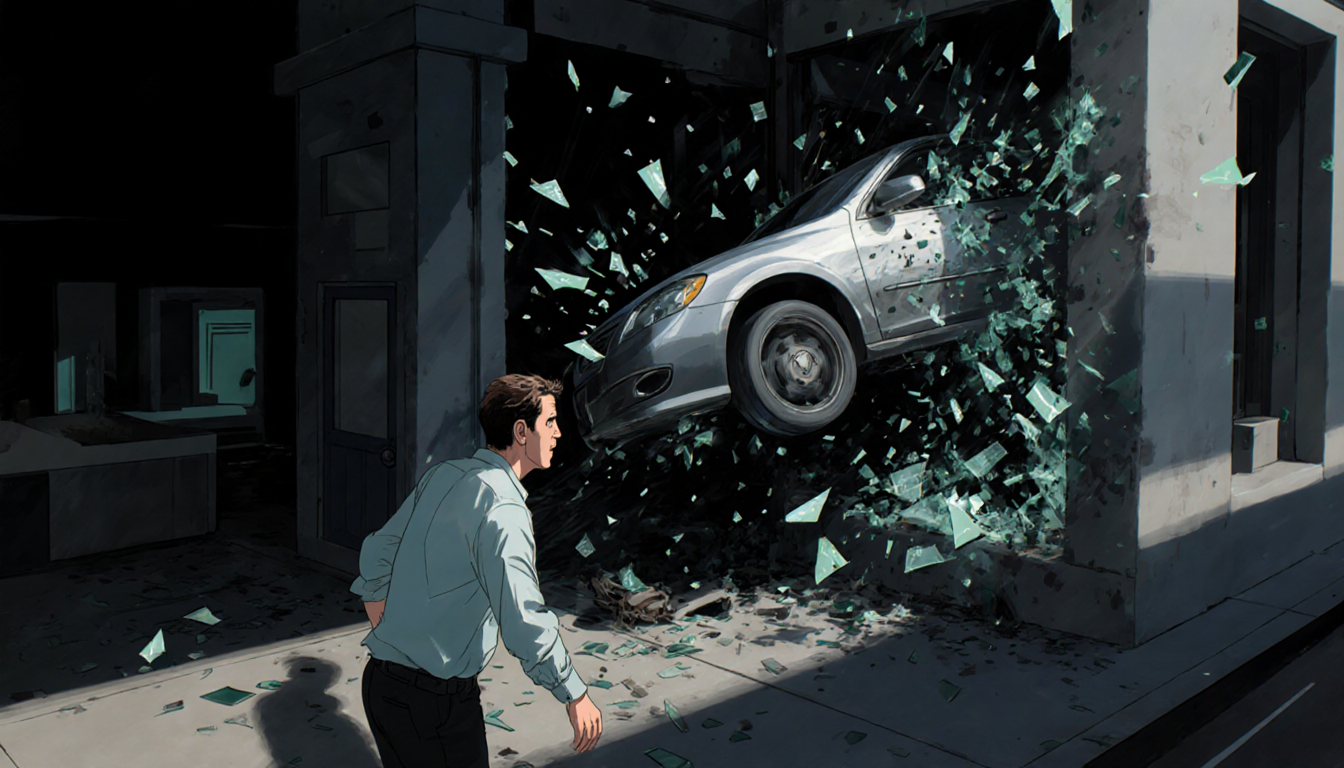 Car speeding through interior of Santa Monica building with shattered glass and debris while Frank White looks up with shocke