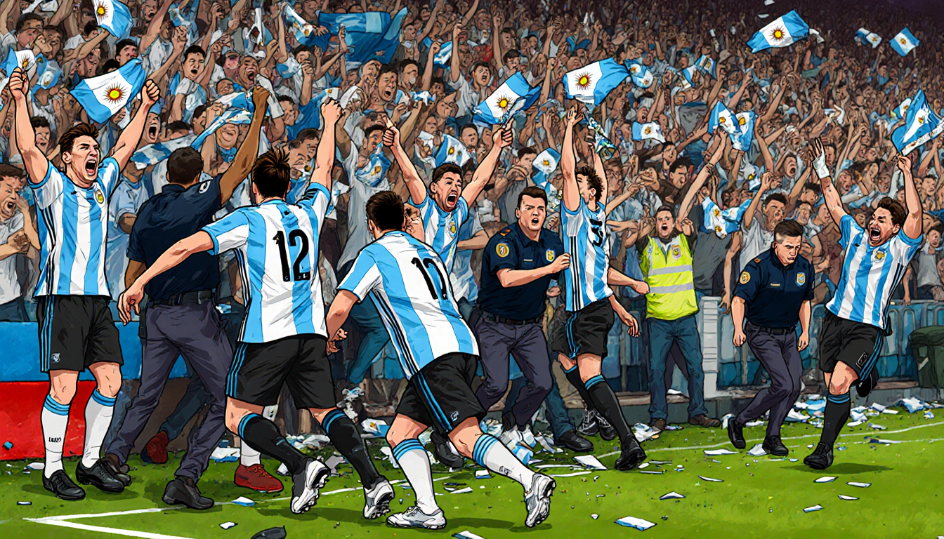 Fans wearing Argentina jerseys storm onto the field holding broken seats with security chasing them and a Messi in background