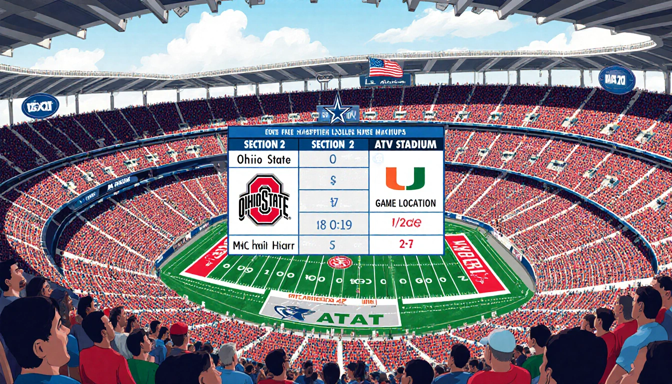 Stadium table showing Ohio State versus Miami football game in progress with AT&T Stadium exterior American flag and logo beh