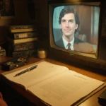 Actor stares at camera while holding a highlighted Stranger Things script on a dim TV screen with VHS tapes behind