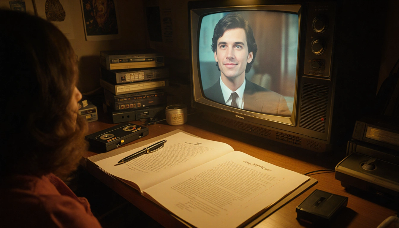 Actor stares at camera while holding a highlighted Stranger Things script on a dim TV screen with VHS tapes behind
