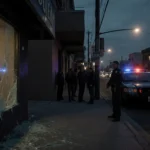 Police cruiser stands guard with shattered storefront window and scattered glass in front of a crowd and dark alleyway.