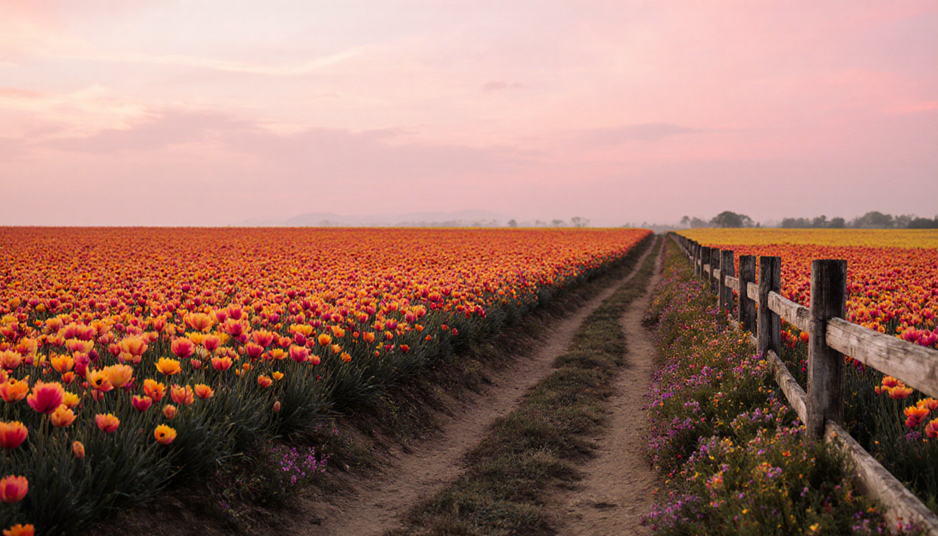 Field of Giant Tecolote Ranunculus flowers glows with sunrise light and a winding dirt path leading into pink-orange sky