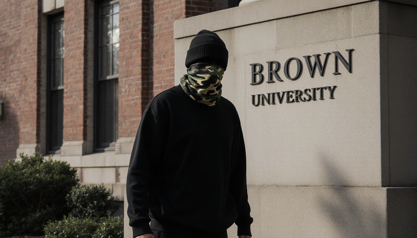 Suspect walking away from Brown University engineering building with black attire and camouflage mask and brick backdrop.