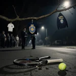 Shattered tennis racket rests on cracked street asphalt with glow and hanging police badge hinting at tragedy.