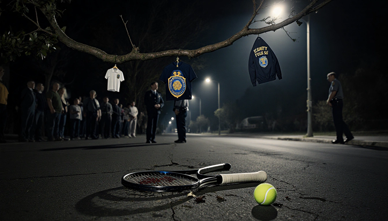 Shattered tennis racket rests on cracked street asphalt with glow and hanging police badge hinting at tragedy.
