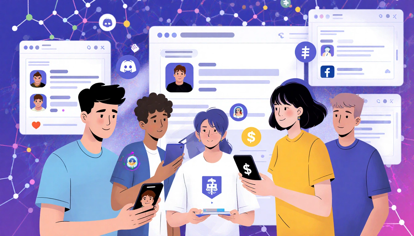 Teenagers gathering around a smartphone with Discord chat windows and paid icons above their heads in a vibrant feed