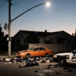 Orange Toyota Corolla colliding with wall with debris and injured bodies nearby and police cruiser DA logo.