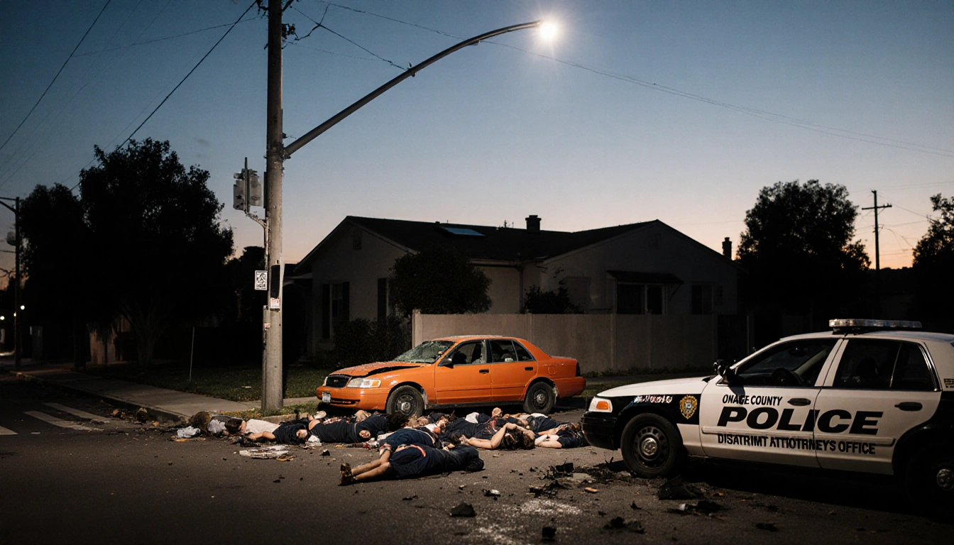Orange Toyota Corolla colliding with wall with debris and injured bodies nearby and police cruiser DA logo.