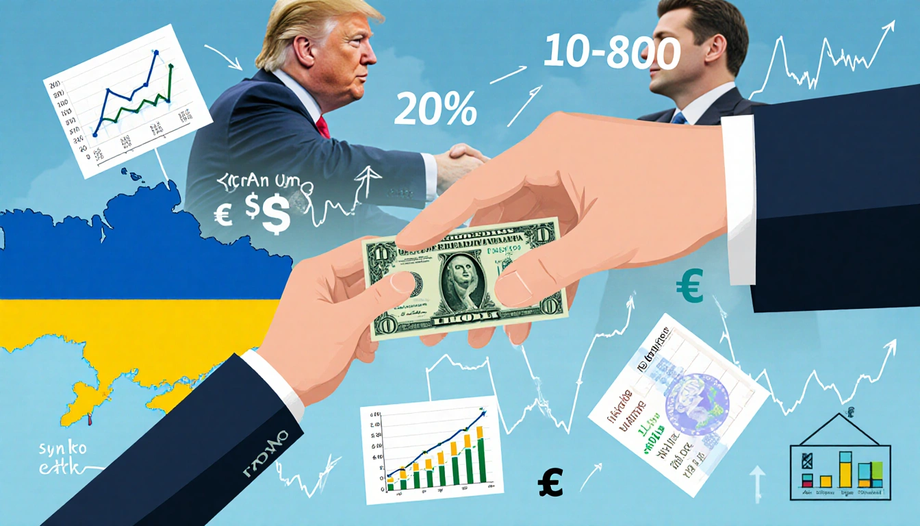 Hand reaching to touch a dollar bill with a hryvnia and a handshake of Trump and Zelensky symbolizing an economic agreement