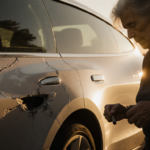 77-year-old Socorro Castillo looking down at her hand holding a vandalism tool with scratches on a Tesla Model 3 street.