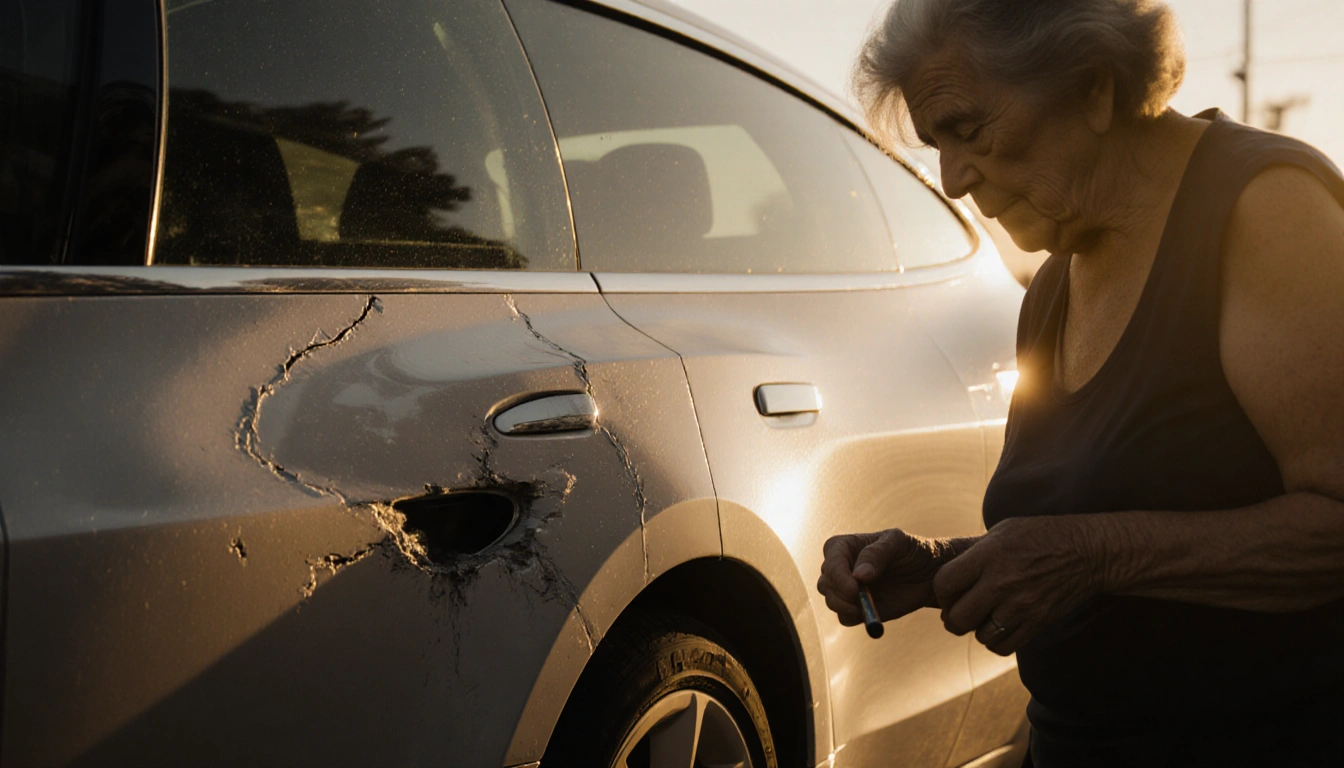 77-year-old Socorro Castillo looking down at her hand holding a vandalism tool with scratches on a Tesla Model 3 street.