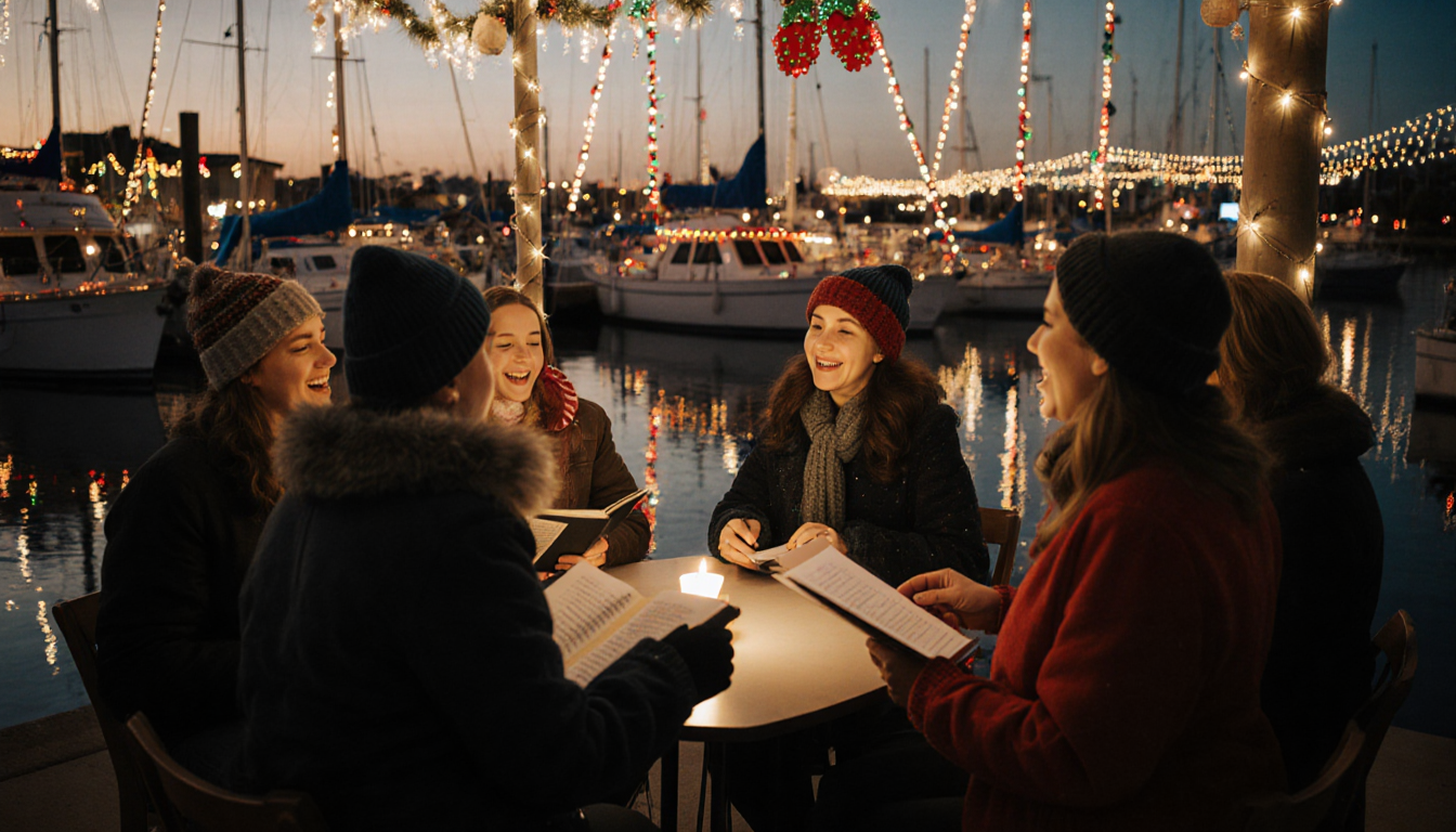 People singing carols with winter coats and golden light from festive boats reflecting on water