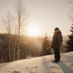 Lone figure standing on hill looking toward horizon with snow covered ground and golden dawn light