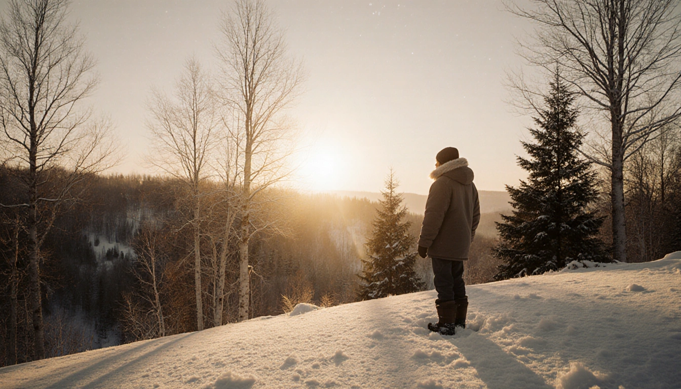Lone figure standing on hill looking toward horizon with snow covered ground and golden dawn light