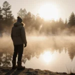 Hiker stands at lake edge with misty dawn light and golden glow reflecting on water