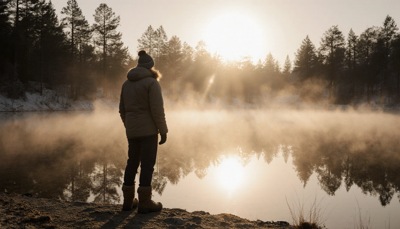 Hiker stands at lake edge with misty dawn light and golden glow reflecting on water