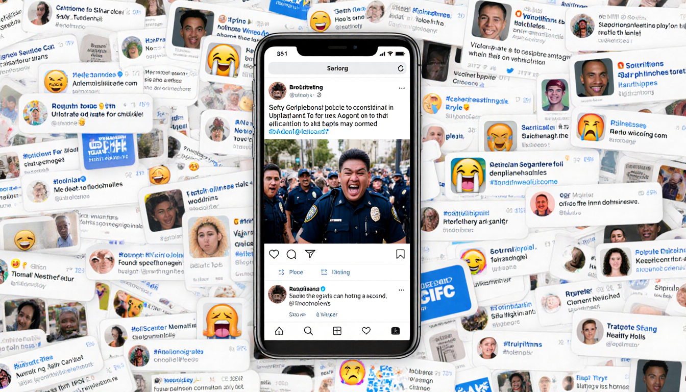 Smartphone screen shows viral video of police officers with angry civilian faces and outrage emojis swirling.