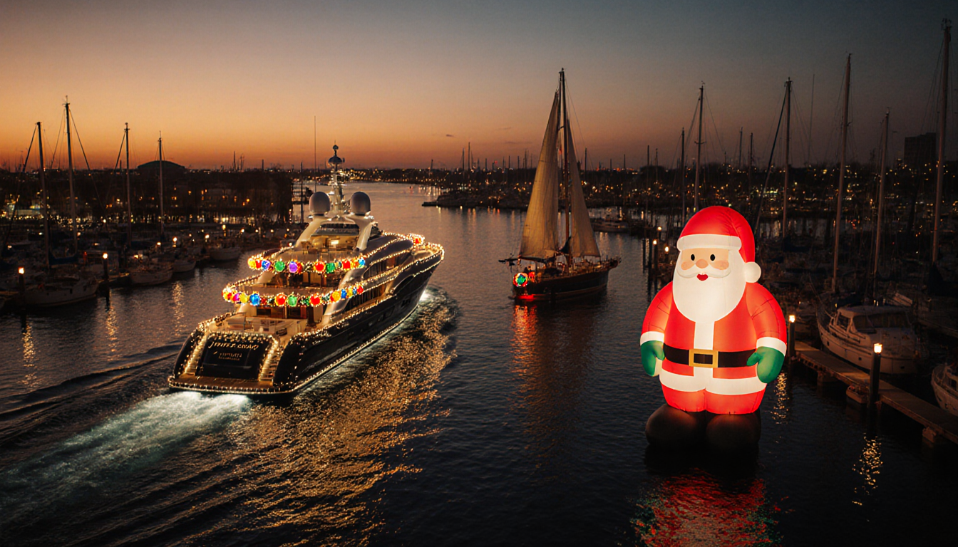 Luxury yacht glides through sunset harbor with sparkling hull lights casting a shimmering trail near an inflatable Santa.