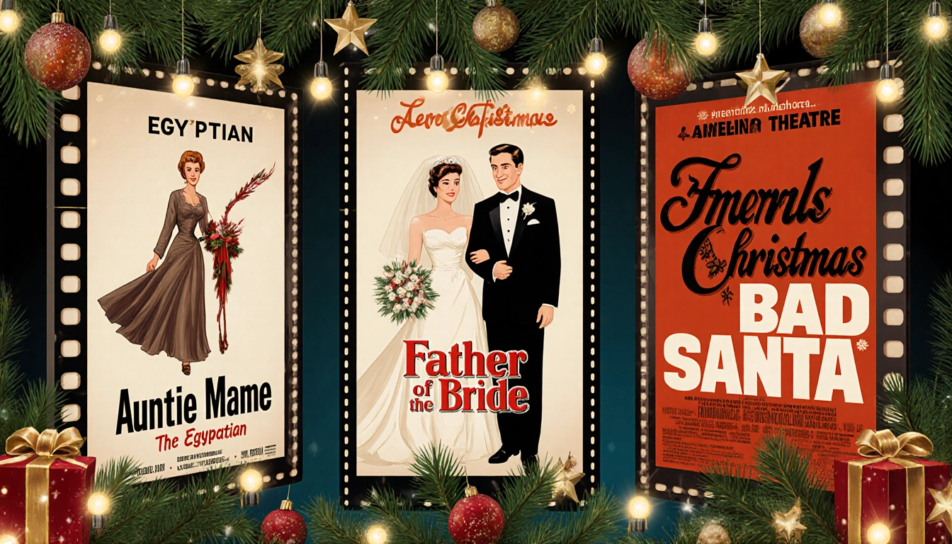 Collage of three film posters showing holiday lights in background with warm nostalgic colors and bold Hollywood style.