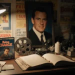 Film reel lies open on desk with DVD of Being Charlie and blurred portrait of Rob Reiner in background