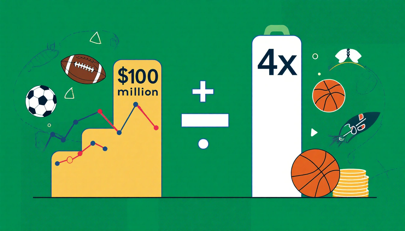 Infographic showing an equation with $100 million revenue growth and 4x multiplier surrounded football and basketball icons