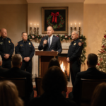 Fire officials addressing a news conference with a microphone near a fireplace and a Christmas tree