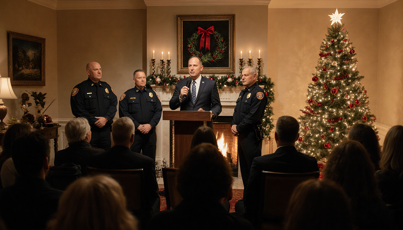 Fire officials addressing a news conference with a microphone near a fireplace and a Christmas tree