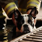 Firefighter lifting a Boston Terrier from a storm drain with dark water and warm light