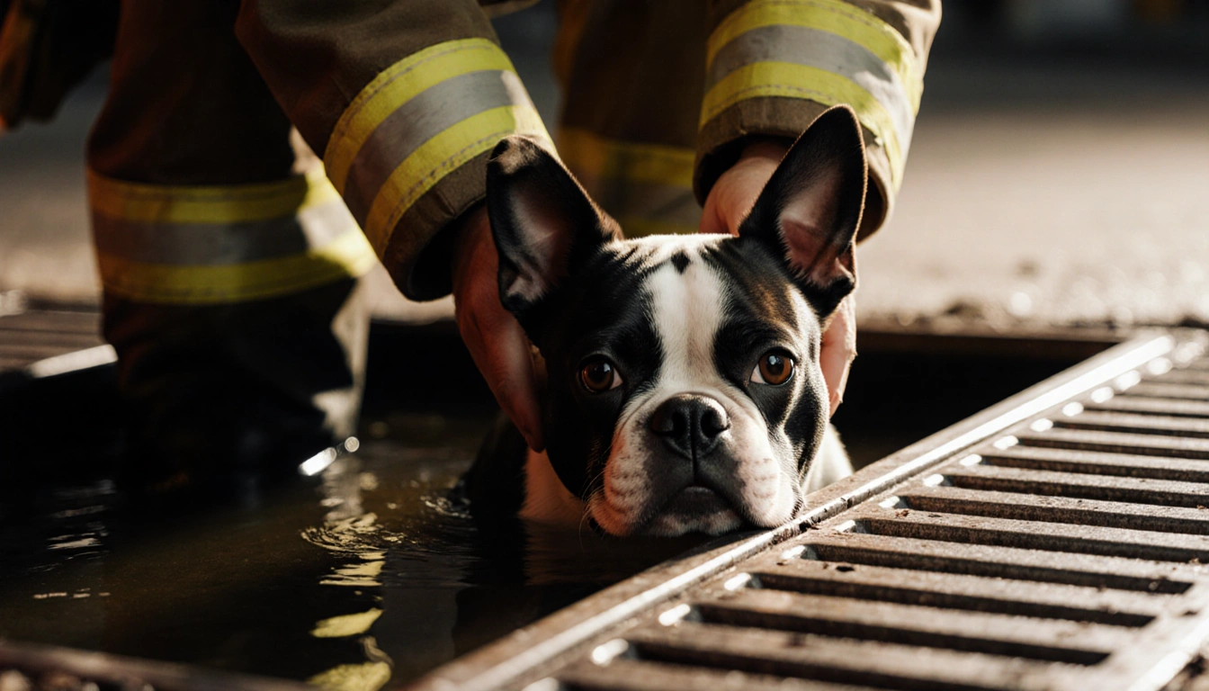 Firefighter lifting a Boston Terrier from a storm drain with dark water and warm light