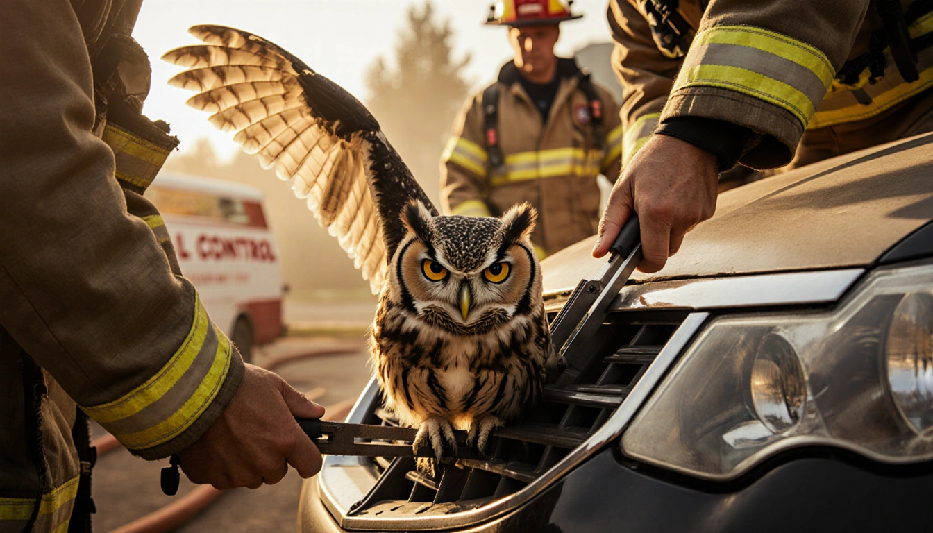 Firefighters cutting car grille to rescue owl with golden light and Animal Control staff.