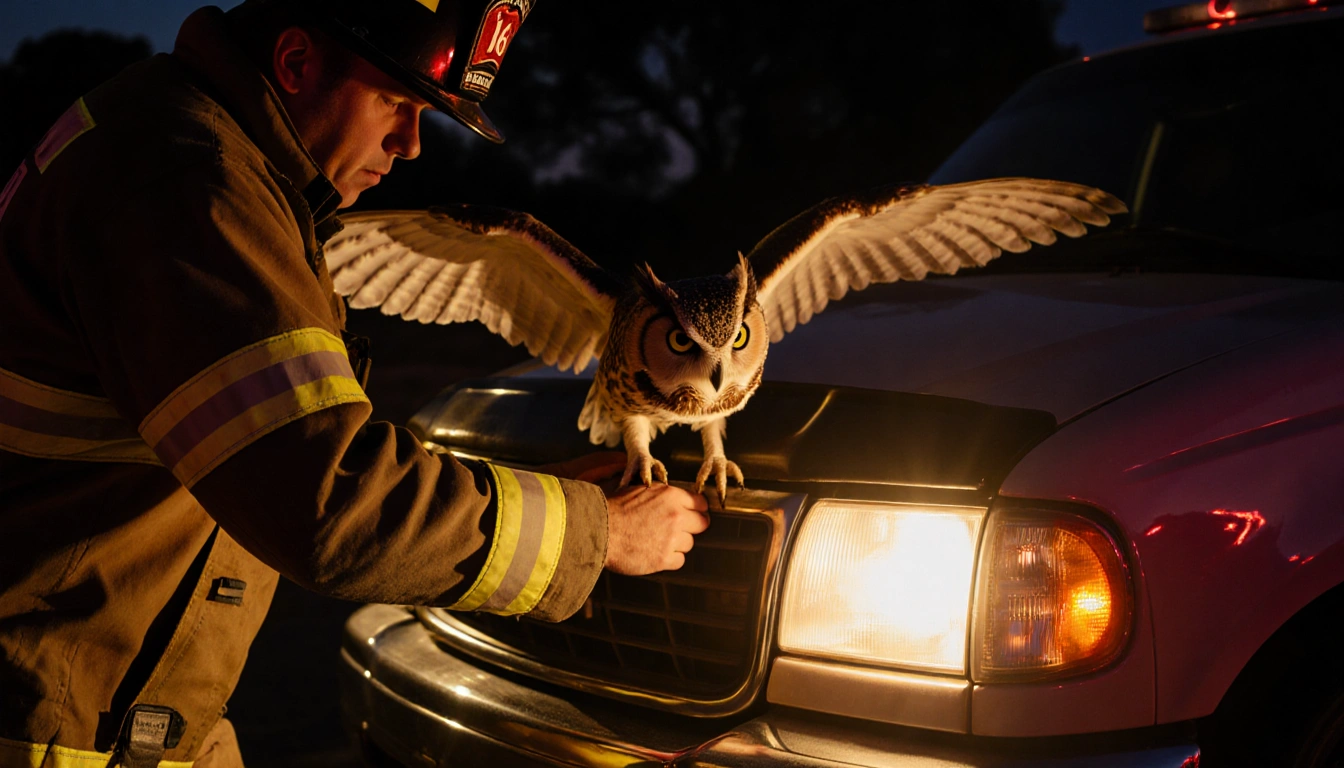 Firefighter coaxing a horned owl out of a car grille with headlights illuminating the night rescue