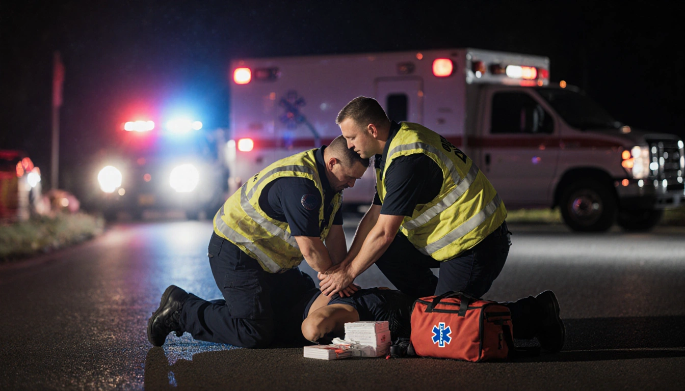 First responders performing CPR on two victims with reflective vests and a medical bag on the ground