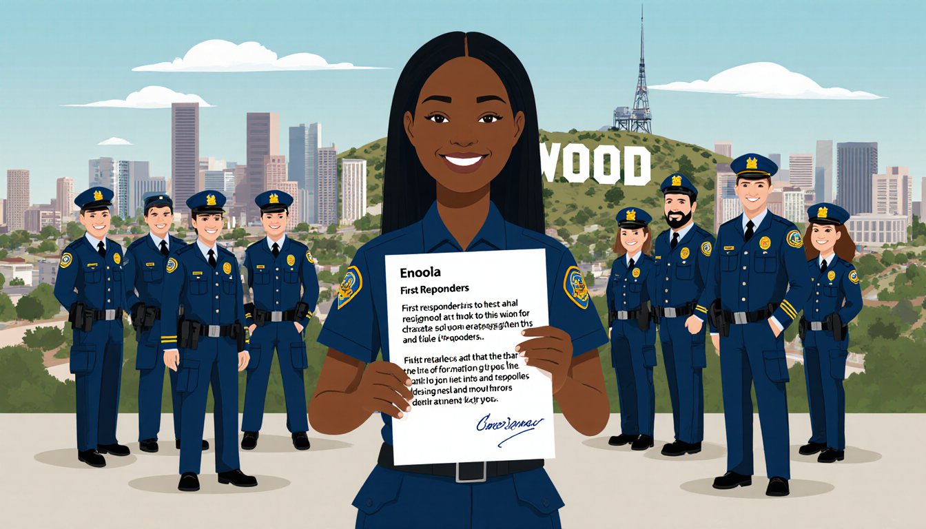 Eniola holding a letter with first responder words stands before Hollywood sign and smiles with responders in uniforms