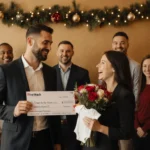 Norman gives a generous check to Alicia of First Watch who holds a baby onesie and bouquet with warm golden light and subtle