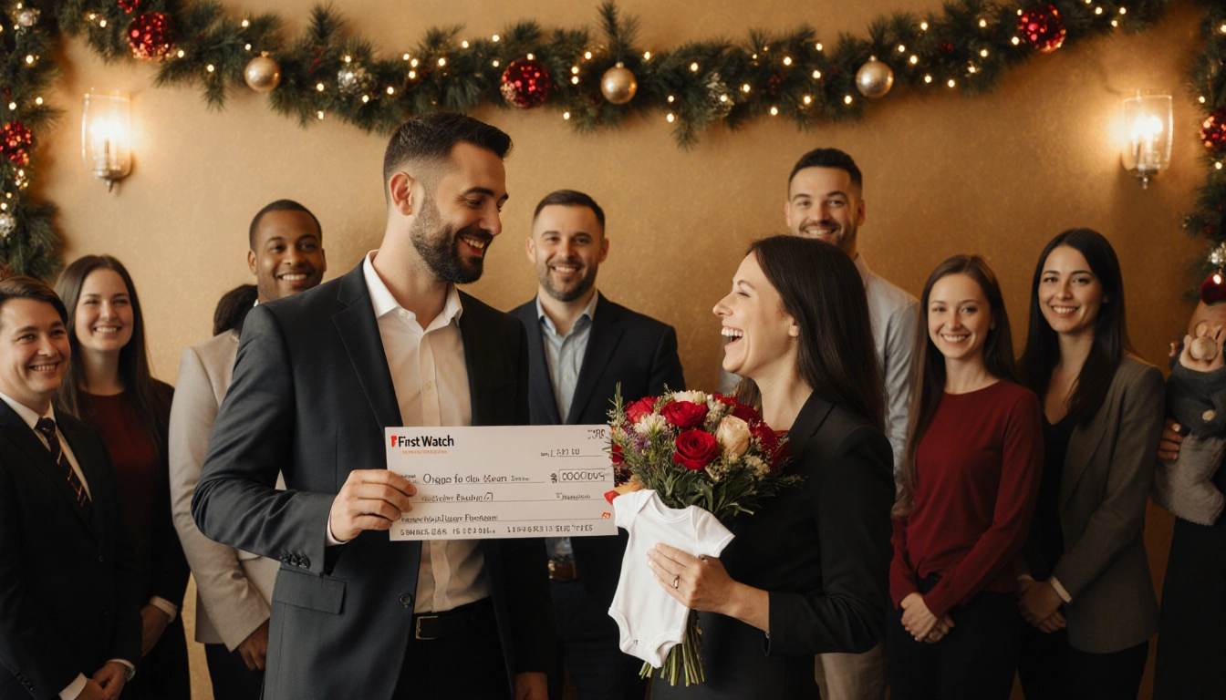 Norman gives a generous check to Alicia of First Watch who holds a baby onesie and bouquet with warm golden light and subtle
