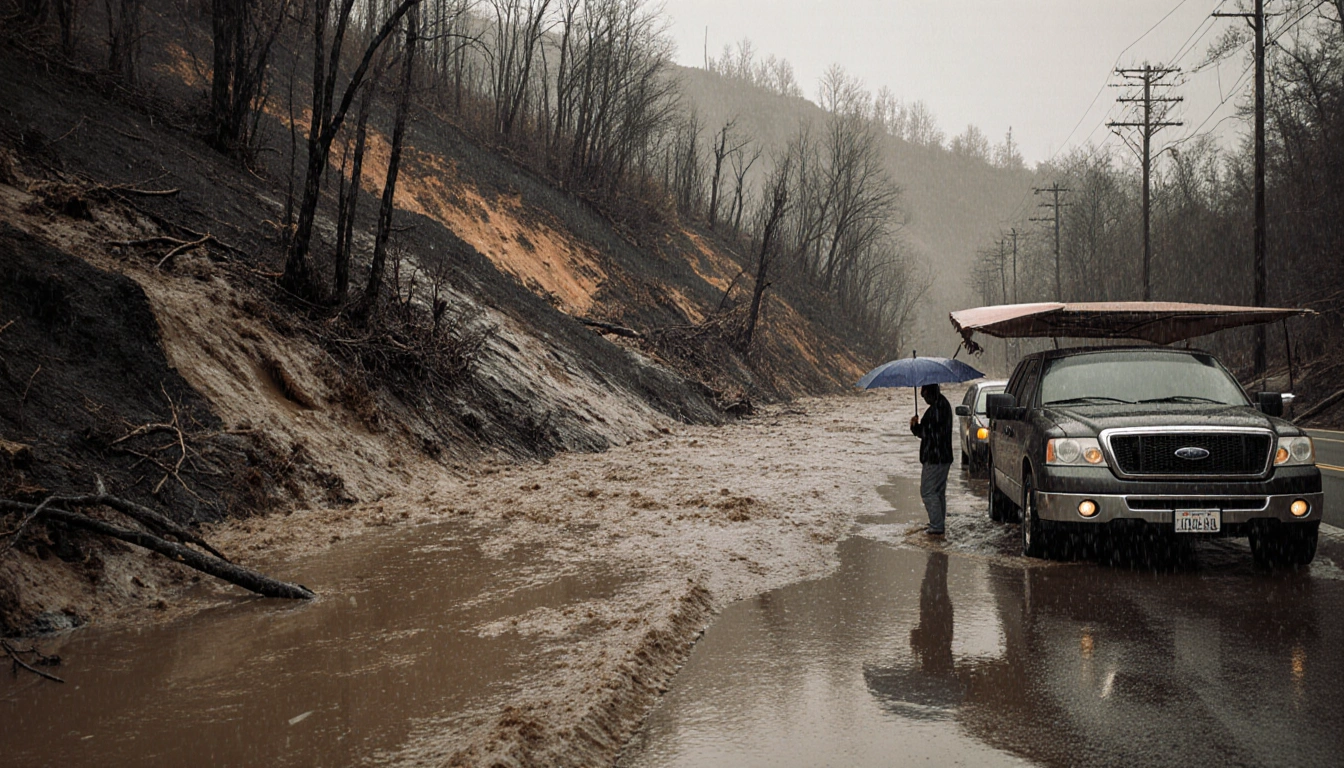 Person holding umbrella under awning with rain pouring over flooded foothill and mud-debris flows amid flood warning.