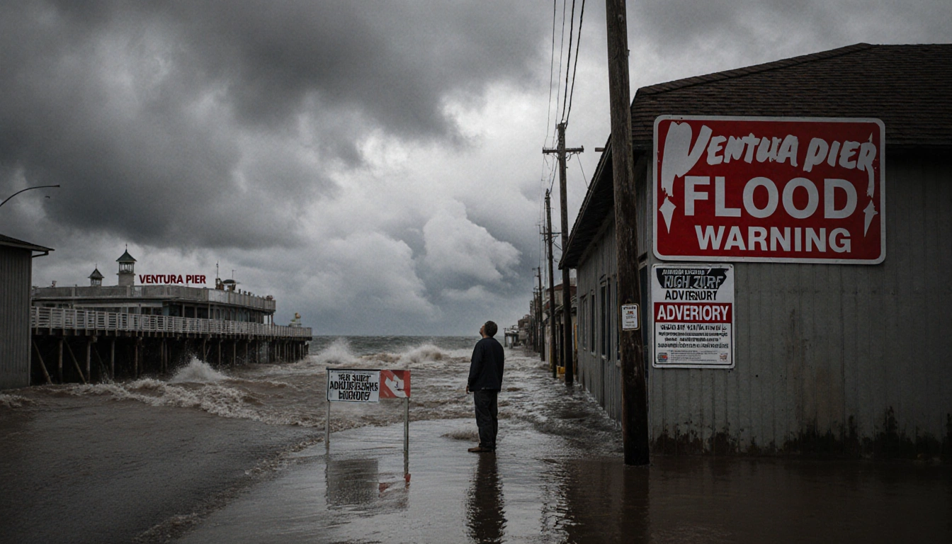 Person looking up at rising water on a flooded street with a red FLOOD WARNING sign and stormy sky.