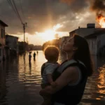 Young woman holding a child with flooded cityscape and lifesaving flames at sunset.