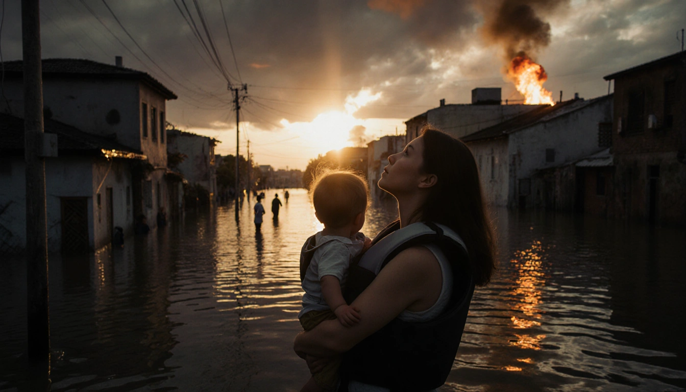 Young woman holding a child with flooded cityscape and lifesaving flames at sunset.