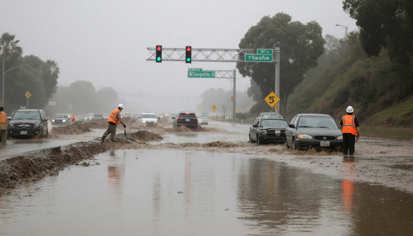 Rescue crew clearing lane on flooded freeway with cars stranded and foggy traffic lights in background