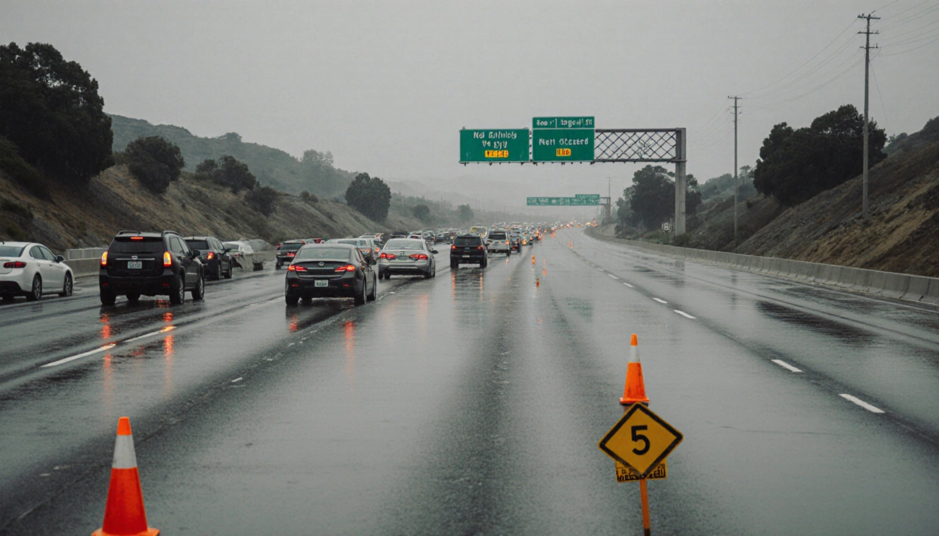 Flooded road stalls traffic with lanes covered in water cars with traffic cones Road Closed sign
